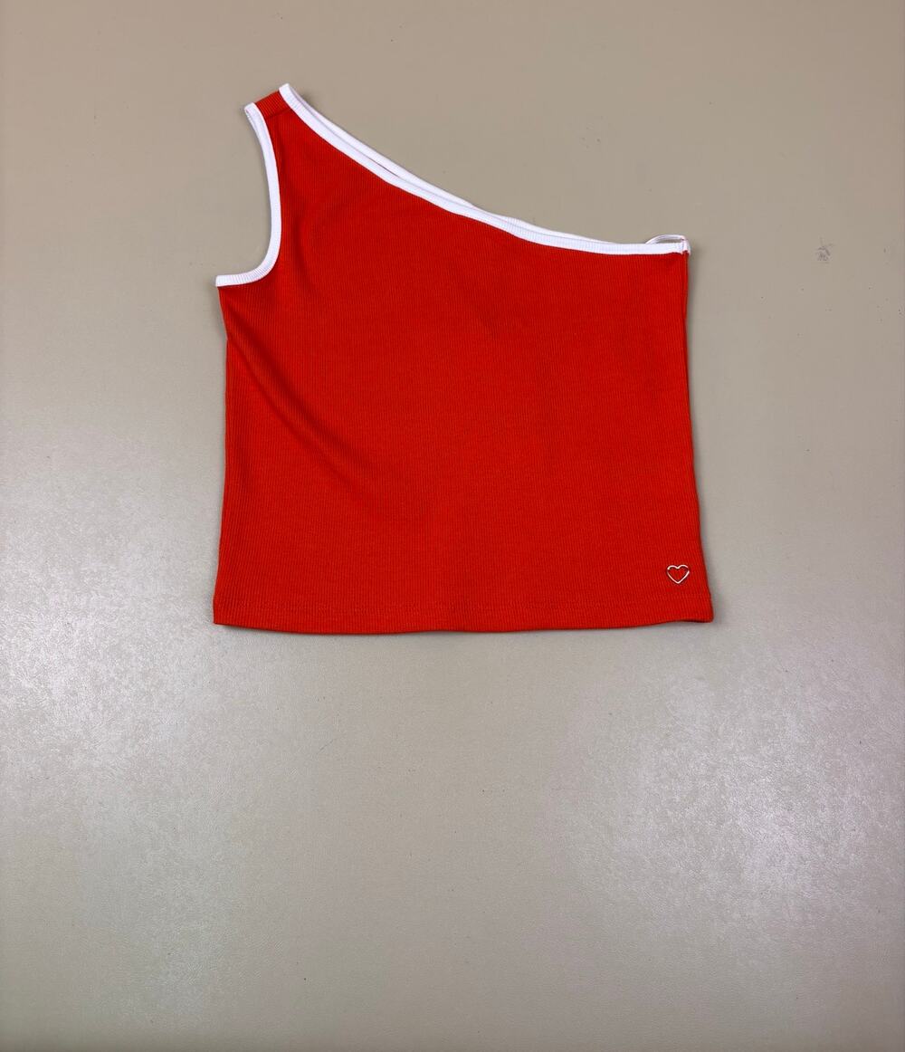 Girls One Shoulder Crop Top Red White Ribbed Zara 13-14 NWT Y2K Heart